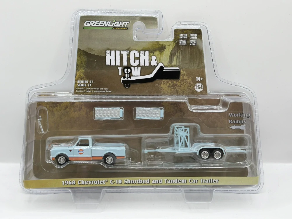 GreenLight - 1968 Chevrolet C-10 Shortbed & Tandem Car Trailer GULF