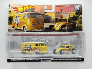 Hot Wheels Premium 2-Pack Volkswagen T1 Panel Bus, Custom Volkswagen Beetle MOONEYES